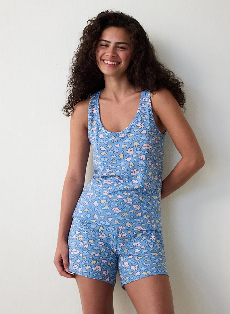 Penti Blue Pretty Flowers Sleeveless Shorts Pyjamas Set